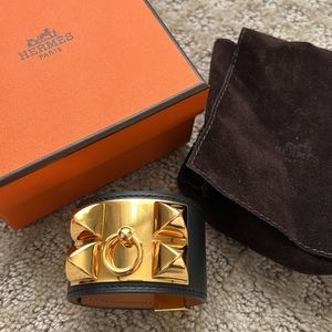 HERMES CDC Collier de Chien Bracelet Noir Gold-tone